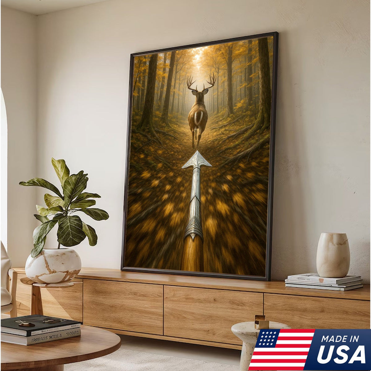 Deer Bow Hunting Canvas Wall Art, Arrowhead Forest Scene Artwork, Rustic Cabin Decor for Hunters