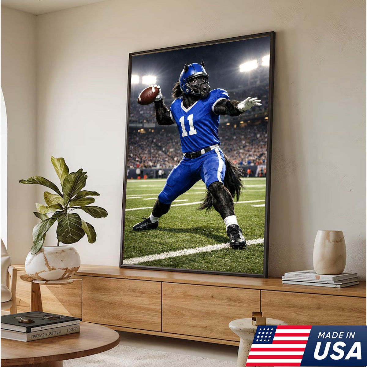 Power Stallion Quarterback Canvas Wall Art – Blue Uniform Horse Athlete Action Print