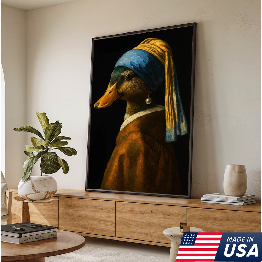 Duck with Pearl Earring Portrait Canvas, Funny Parody Duck Wall Art