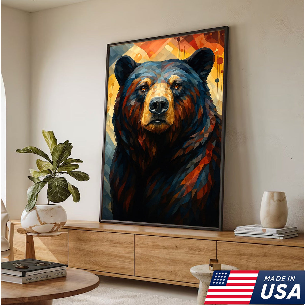 Geometric Bear Portrait Canvas – Modern Rustic Wall Art for Cabin & Man Cave Decor