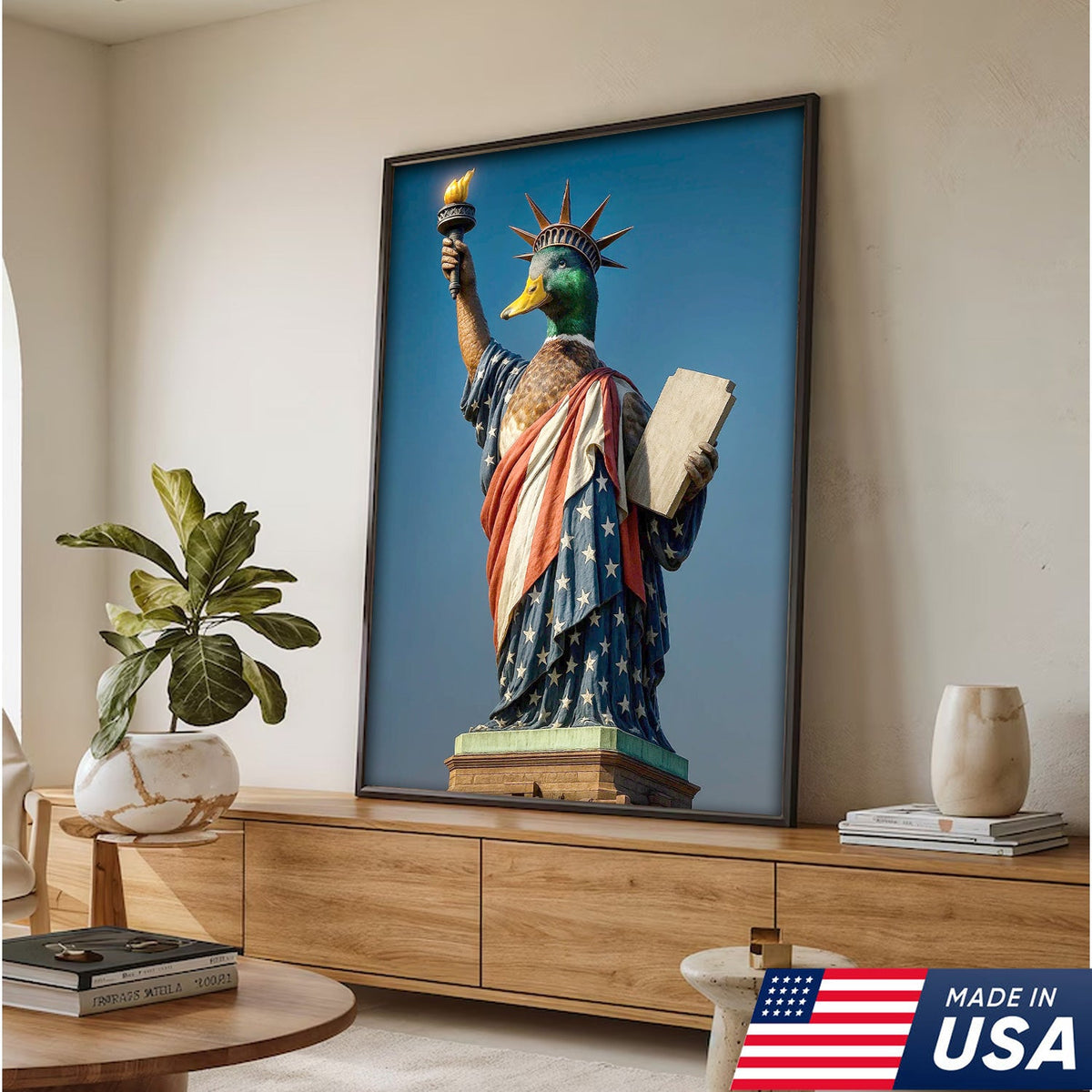 Duck of Liberty Canvas Wall Art, Funny Patriotic Duck Statue Artwork