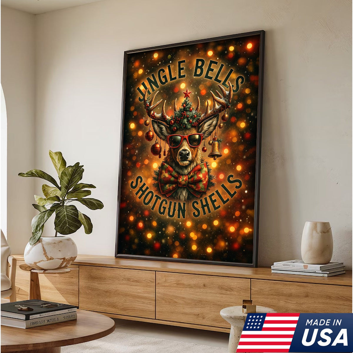 Christmas Deer Canvas Wall Art, Funny Holiday Reindeer Decor, Rustic Lodge Christmas Decoration