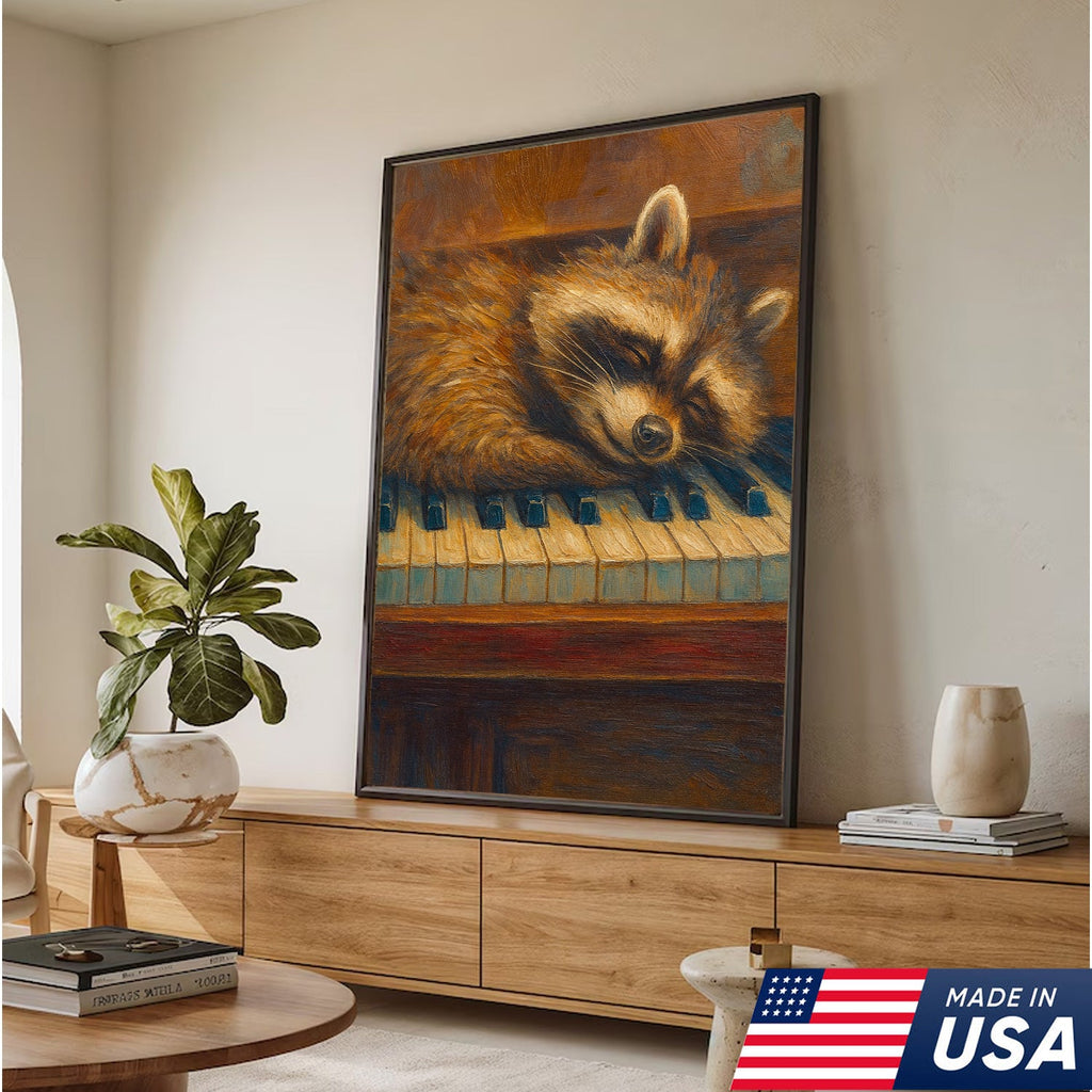 Sleeping Raccoon Wall Art Canvas - Cozy Animal Wall Decor, Cute Raccoon Painting