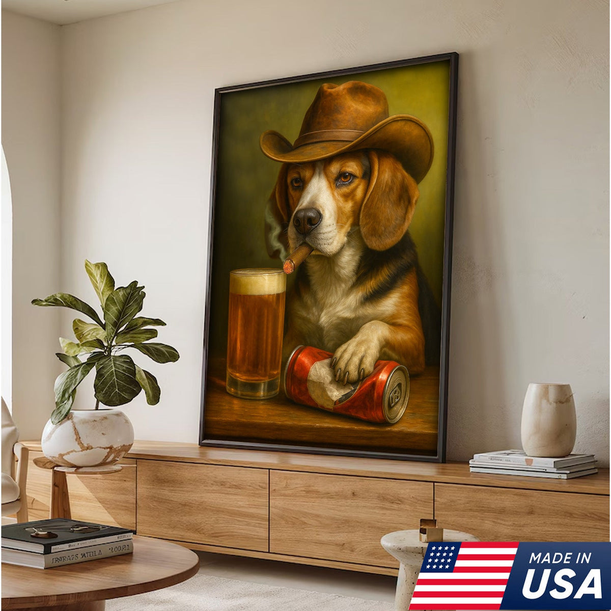 Funny Cowboy Dog Canvas Wall Art - Rustic Bar Wall Art Gift for Hunters, Outdoorsmen & Man Caves
