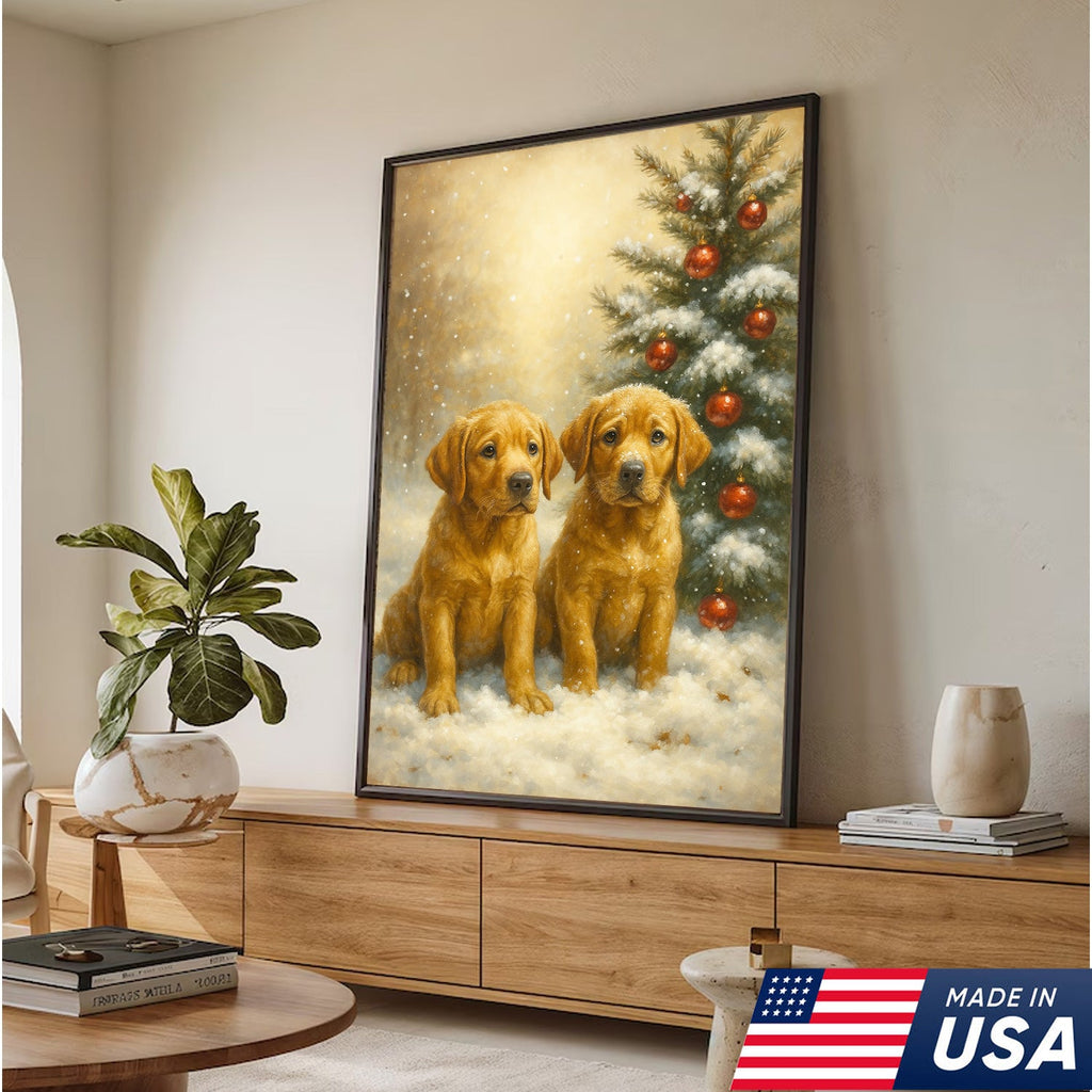 Christmas Golden Puppies Canvas Wall Art – Cute Labrador Dog Holiday Canvas Print