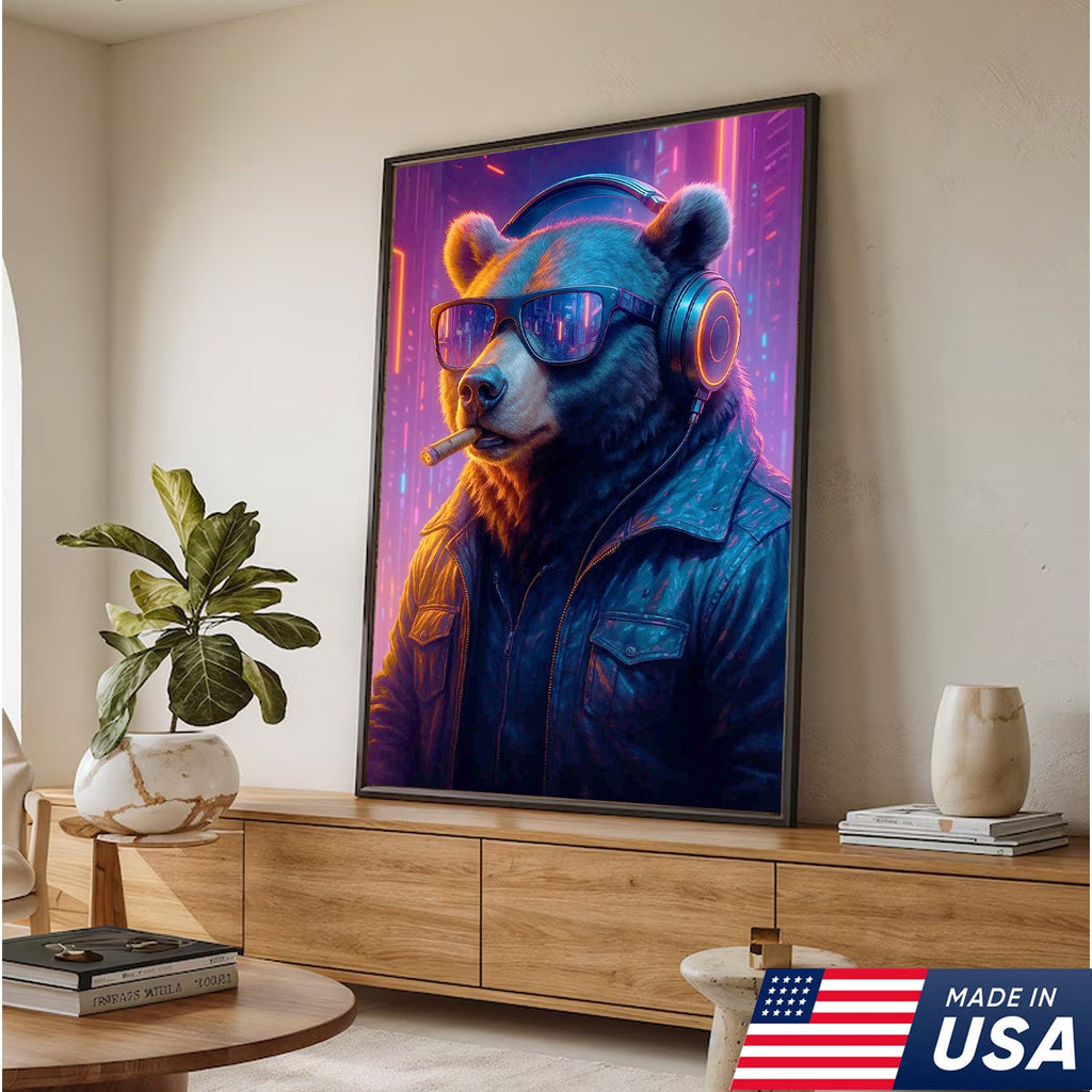 Cyberpunk Bear Wall Art Canvas, Cool DJ Bear with Headphones Neon City Decor