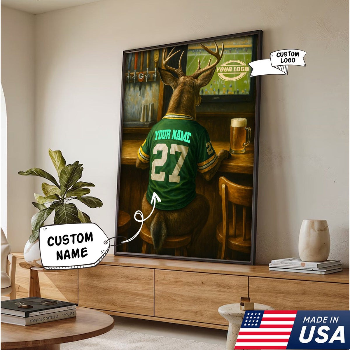 Custom Deer Football Canvas Wall Art – Personalized Deer Watching Sports Drinking Funny Sports Bar Decor