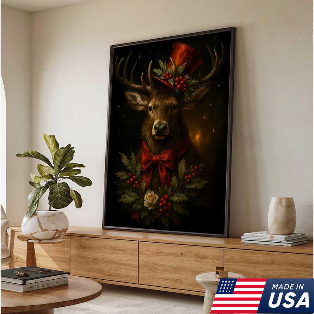 Christmas Deer Canvas Wall Art – Rustic Holiday Decor for Cabin & Lodge