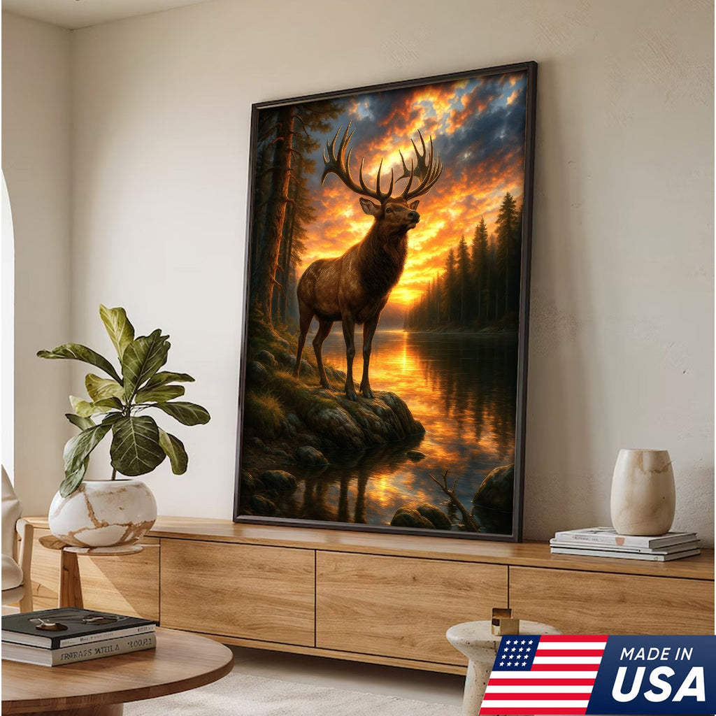 Majestic Elk at Sunset By The Lake Canvas– Wildlife Wall Art for Cabin, Lodge & Nature Lovers