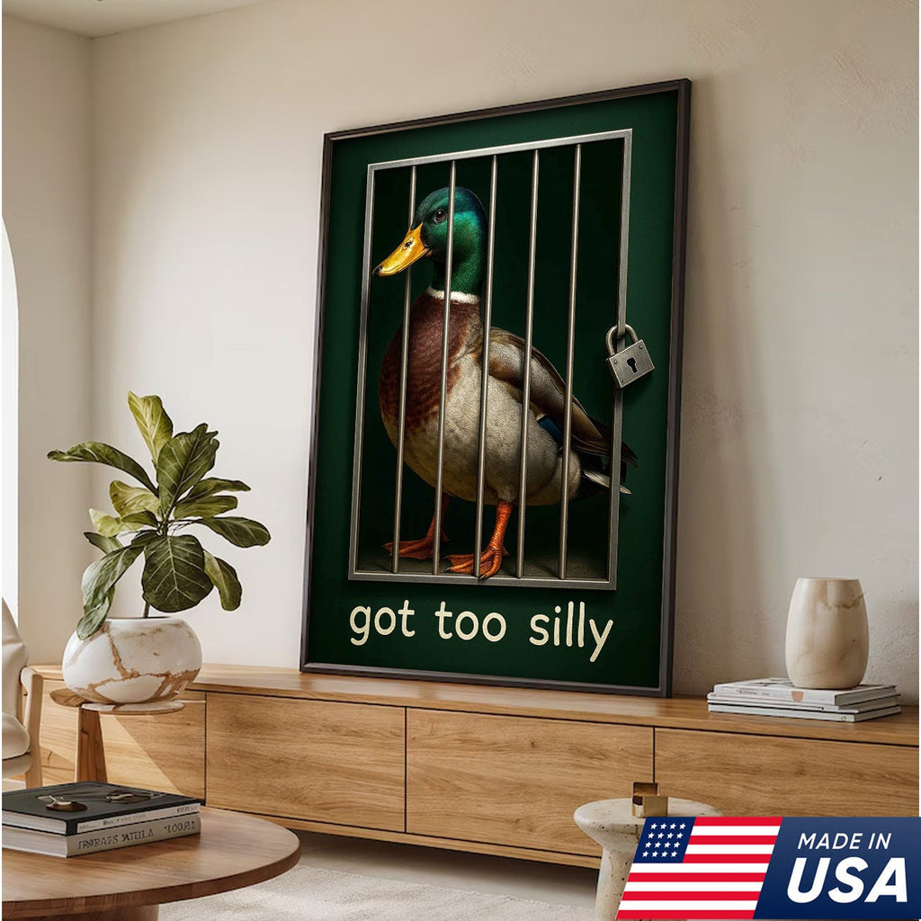 Silly Duck Canvas Wall Art – Funny Mallard Jail Print – Unique Rustic Cabin or Bathroom Decor