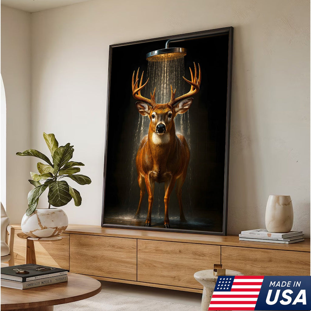 Funny Deer Shower Canvas Wall Art, Whimsical Buck Bathroom Decor