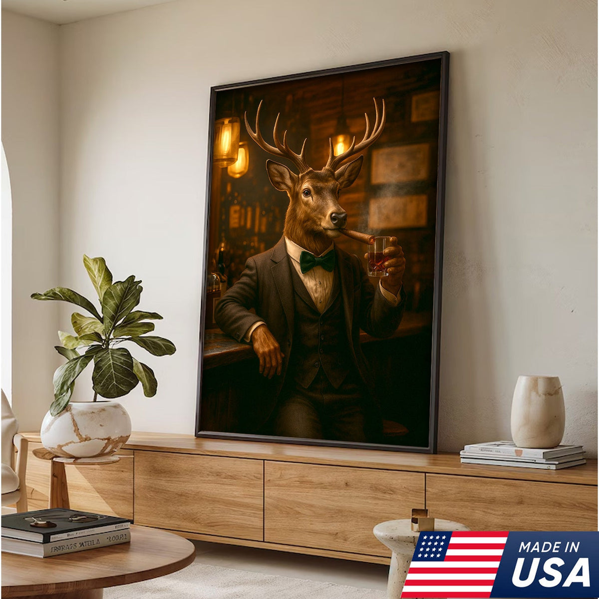 Deer Gentleman Wall Art – Classy Drinking & Smoking Canvas for Bar, Lodge & Man Cave Decor