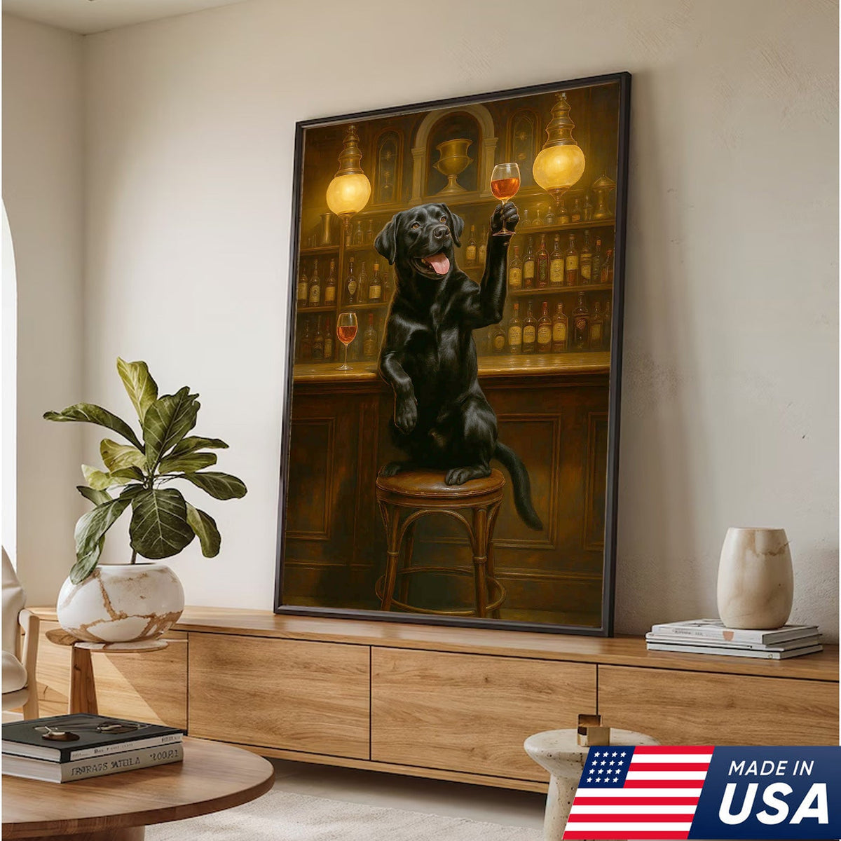 Bar Dog Canvas Art – Cheerful Black Labrador Raising a Fancy Drink
