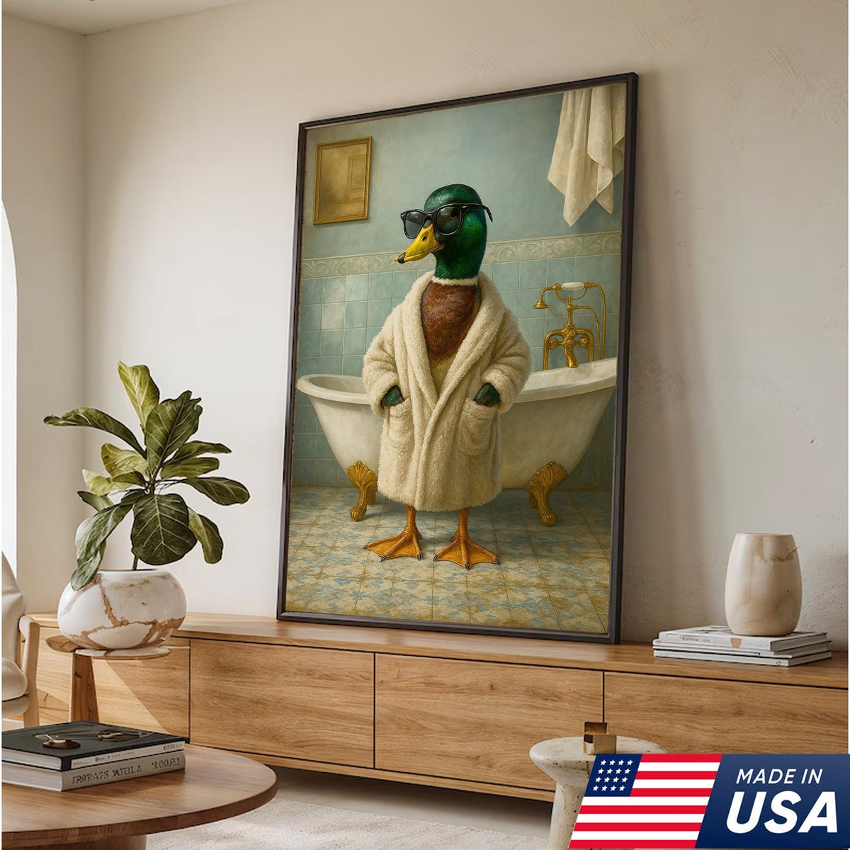Bathrobe Duck Canvas Art – Cool Duck in Cozy Robe with Sunglasses
