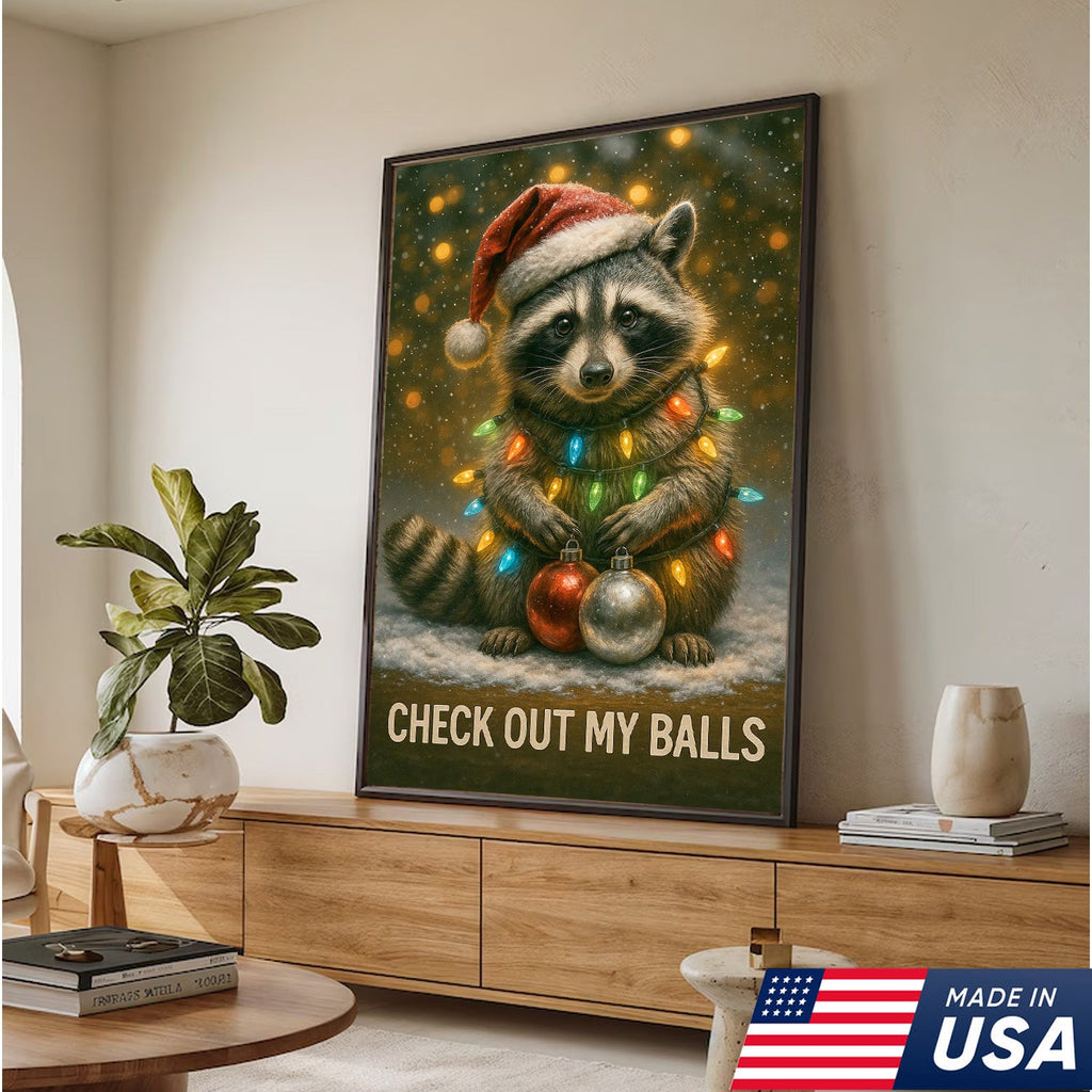 Funny Christmas Raccoon Canvas Art – Cute Holiday Raccoon with Lights & Ornaments