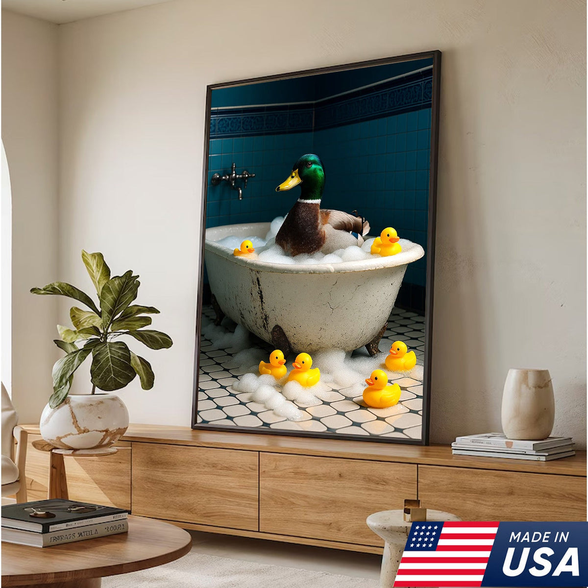 Bubble Bath Duck Canvas Art – Funny Duck in Foamy Tub with Rubber Ducklings