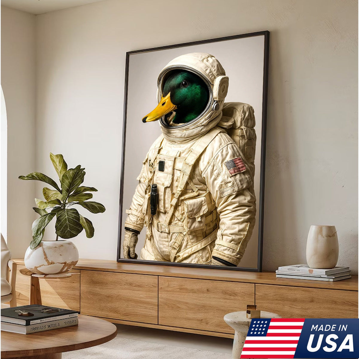 Astronaut Duck Canvas Art – Space Explorer Duck in Full Spacesuit, Whimsical Animal Wall Decor