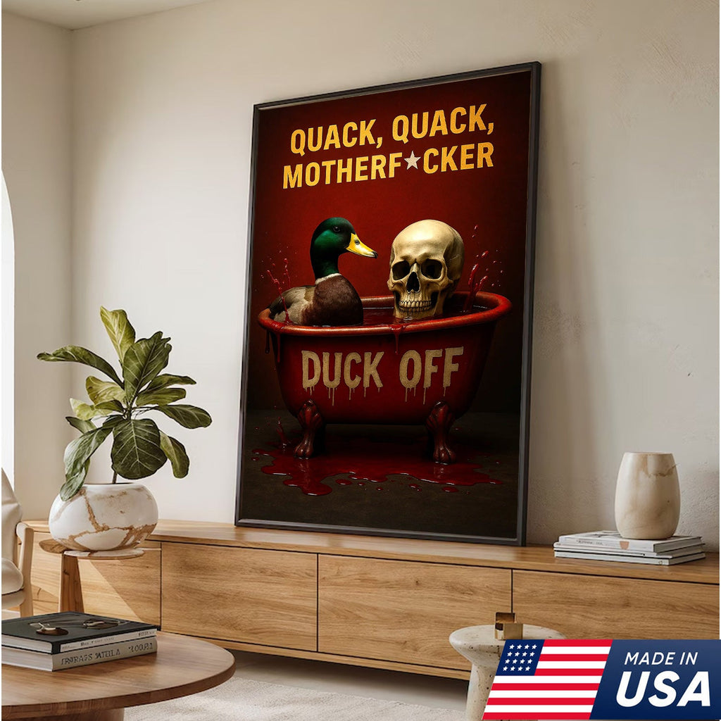 Dark Humor Duck Canvas Art – Savage Duck in Bloody Tub with Skull, Horror-Style “Duck Off” Wall Decor