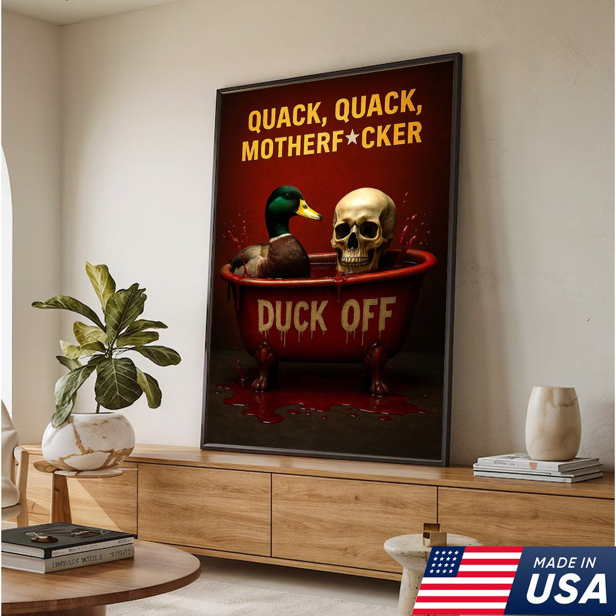 Dark Humor Duck Canvas Art – Savage Duck in Bloody Tub with Skull, Horror-Style “Duck Off” Wall Decor
