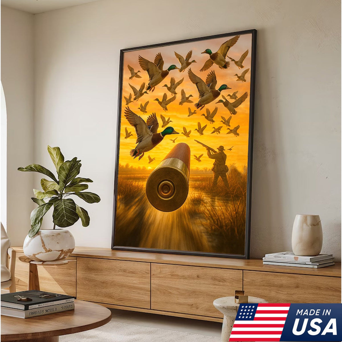 Duck Hunting Canvas Wall Art, Shotgun Shell and Flying Mallards Artwork, Rustic Cabin Decor for Hunters