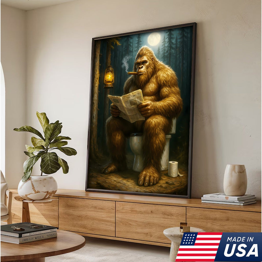 Funny Bigfoot Bathroom Canvas Wall Art, Sasquatch Reading Newspaper Picture