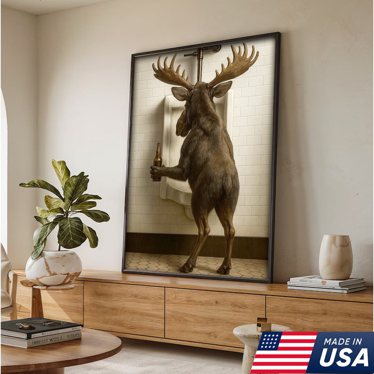 Moose Bathroom Canvas Wall Art - Funny Rustic Lodge Decor for Cabin and Hunting Enthusiasts