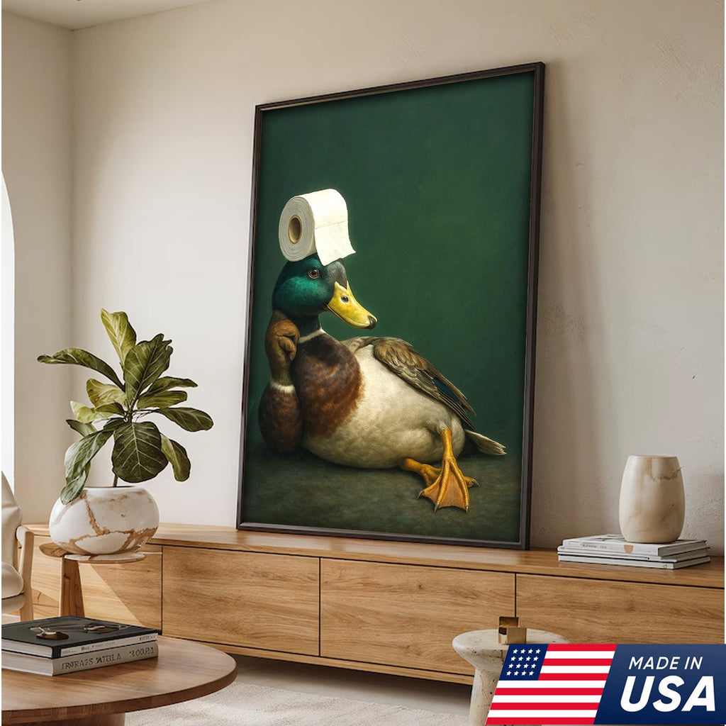 Funny Duck Bathroom Canvas Wall Art – Quirky Rustic Lodge Decor – Mallard Humor Gift Idea