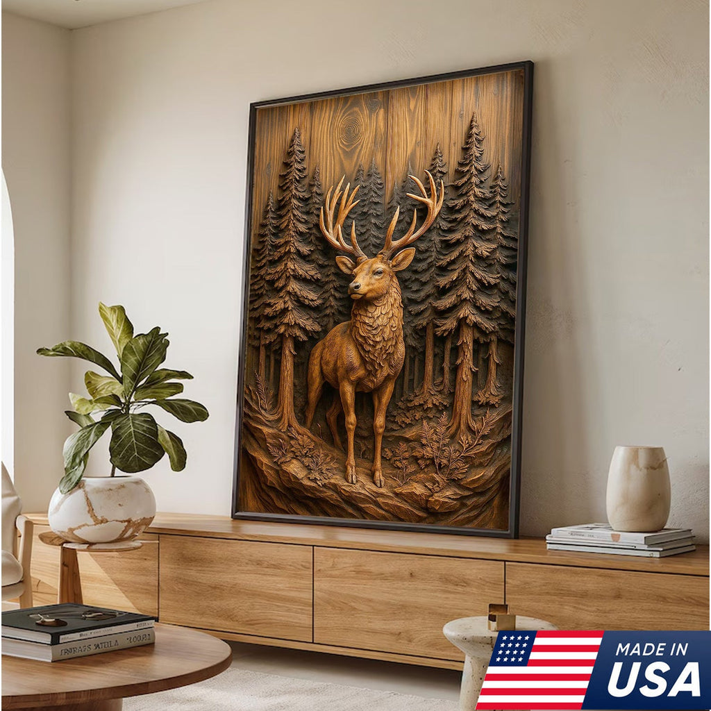 Deer in Pine Forest Canvas Wall Art, Rustic Wood Carved Look Buck Artwork