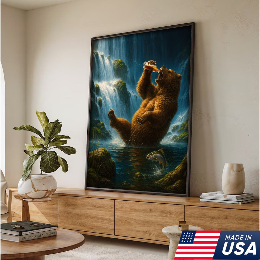 Funny Beer Bear Canvas Wall Art – Perfect Gift for Beer Lovers, Hunters & Outdoor Adventurers