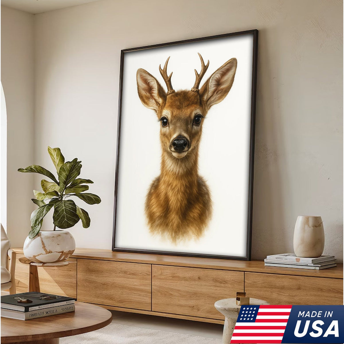 Minimalist Deer Canvas Wall Art, Realistic Baby Buck Portrait, Modern Wildlife Animal Print