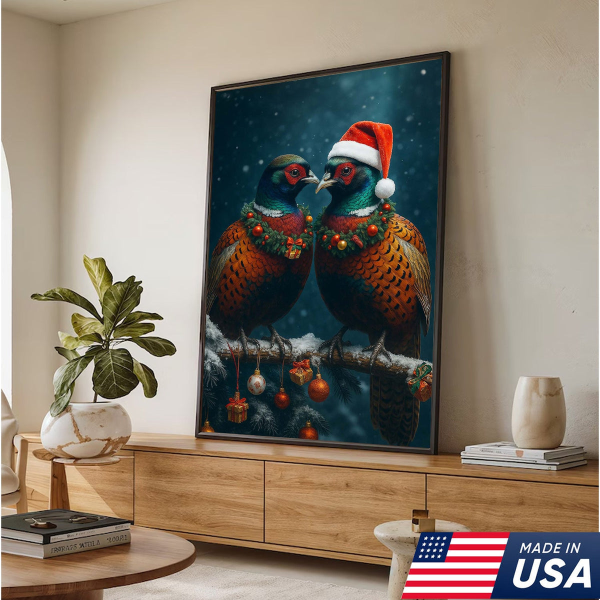 Christmas Pheasant Wall Art Canvas - Holiday Bird Couple Print, Rustic Wildlife Decor