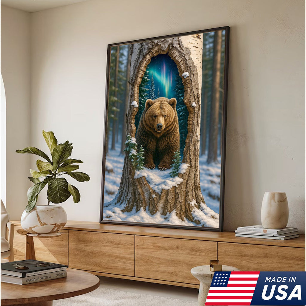 Aurora Borealis Bear in Hollow Tree Canvas Wall Art, Winter Forest Cabin Decor