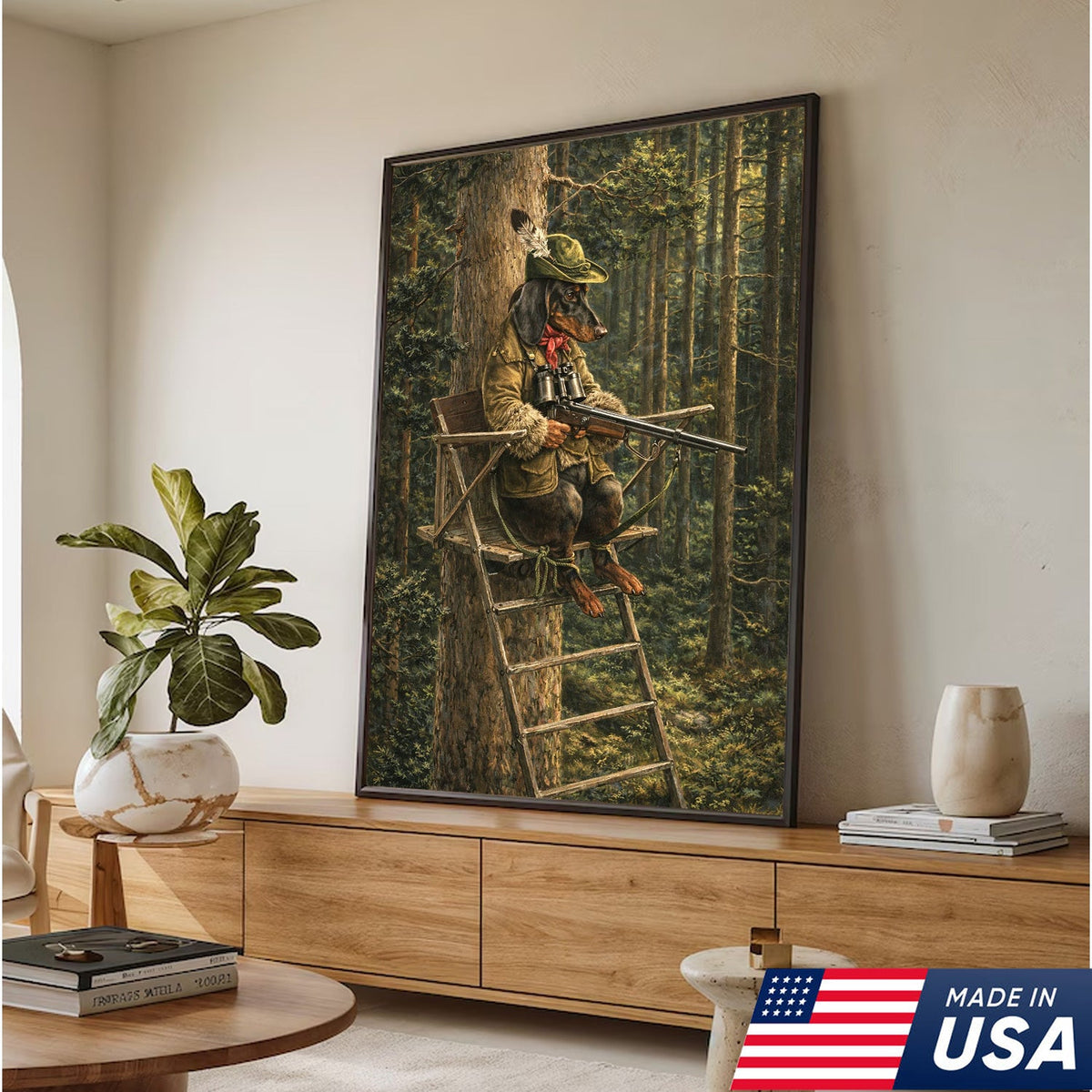 Funny Hunting Dog Wall Art, Dachshund Hunter Tree Stand Canvas