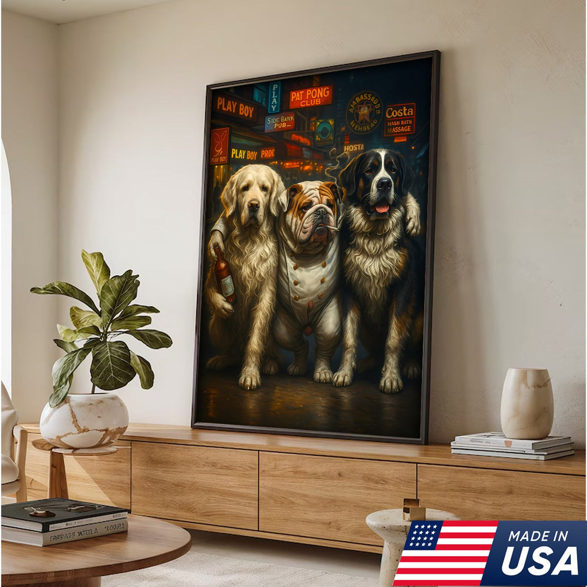 Three Drunk Dogs Canvas – Funny Bar Dog Wall Art for Men’s Room or Home Bar