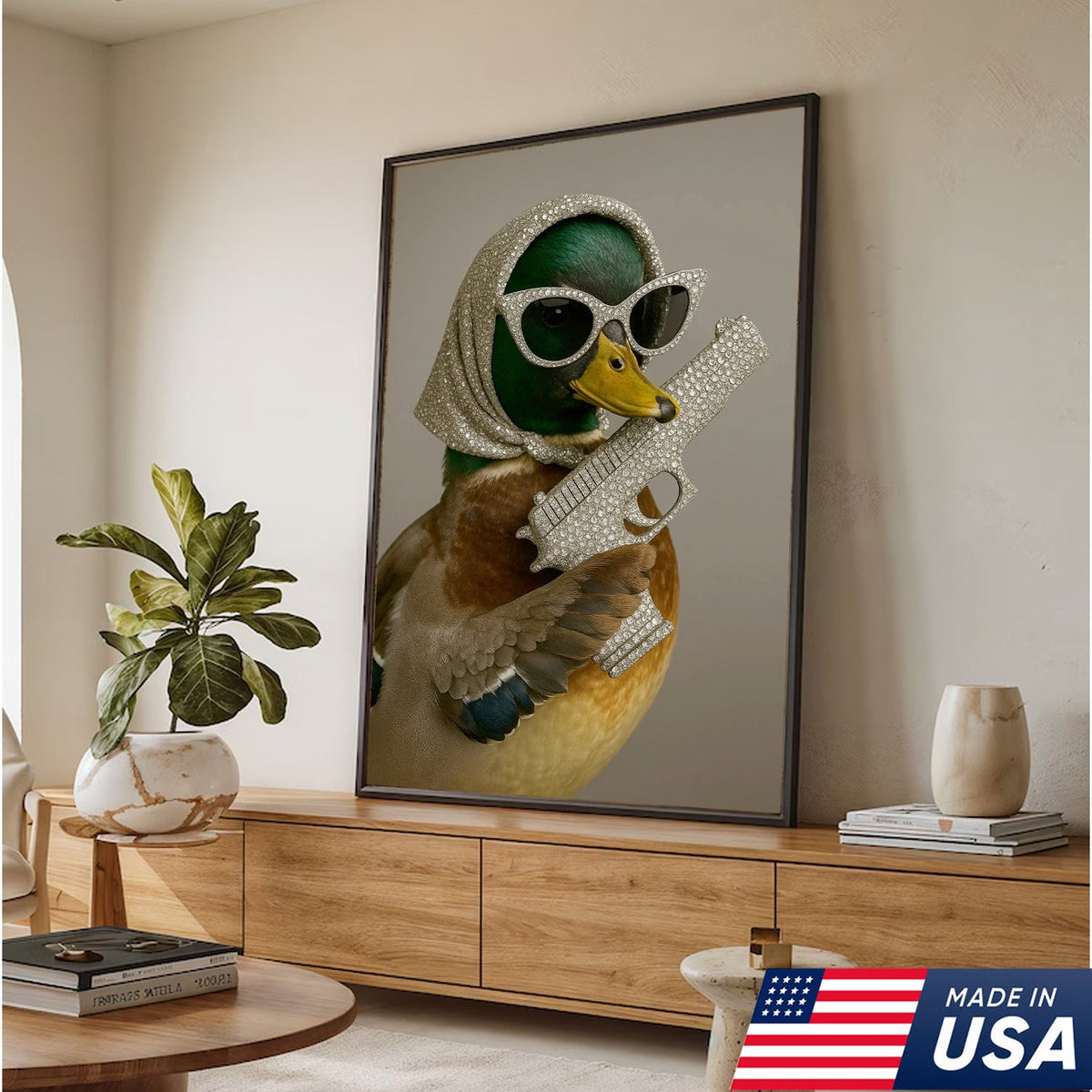 Glam Duck Canvas Art – Fancy Diamond-Style Shades & Sparkling Prop