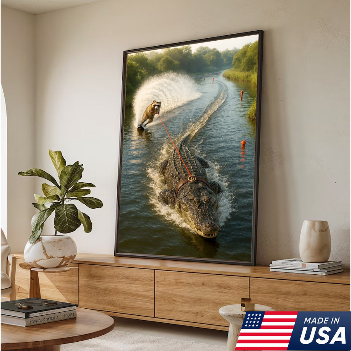 Racoon Water Skiing with Alligator Canvas Wall Art, Funny Animal Adventure Decor