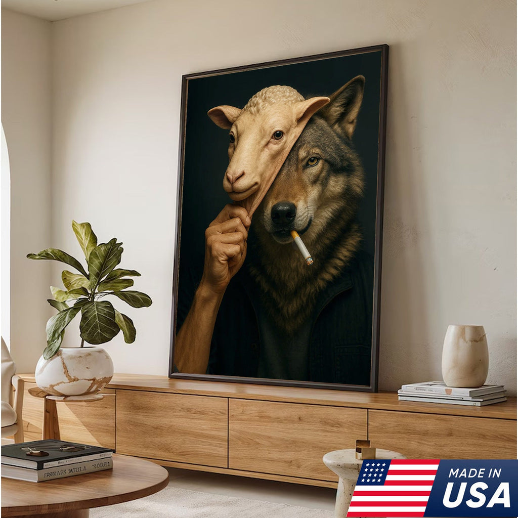 Dark Humor Wolf Wall Art — “Wolf in Sheep’s Clothing” Smoking Cigarette Concept Canvas
