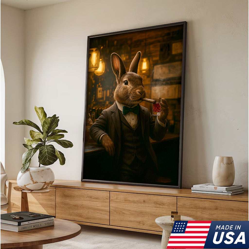 Rabbit Gentleman Wall Art – Classy Drinking & Smoking Canvas for Bar, Lodge & Man Cave Decor