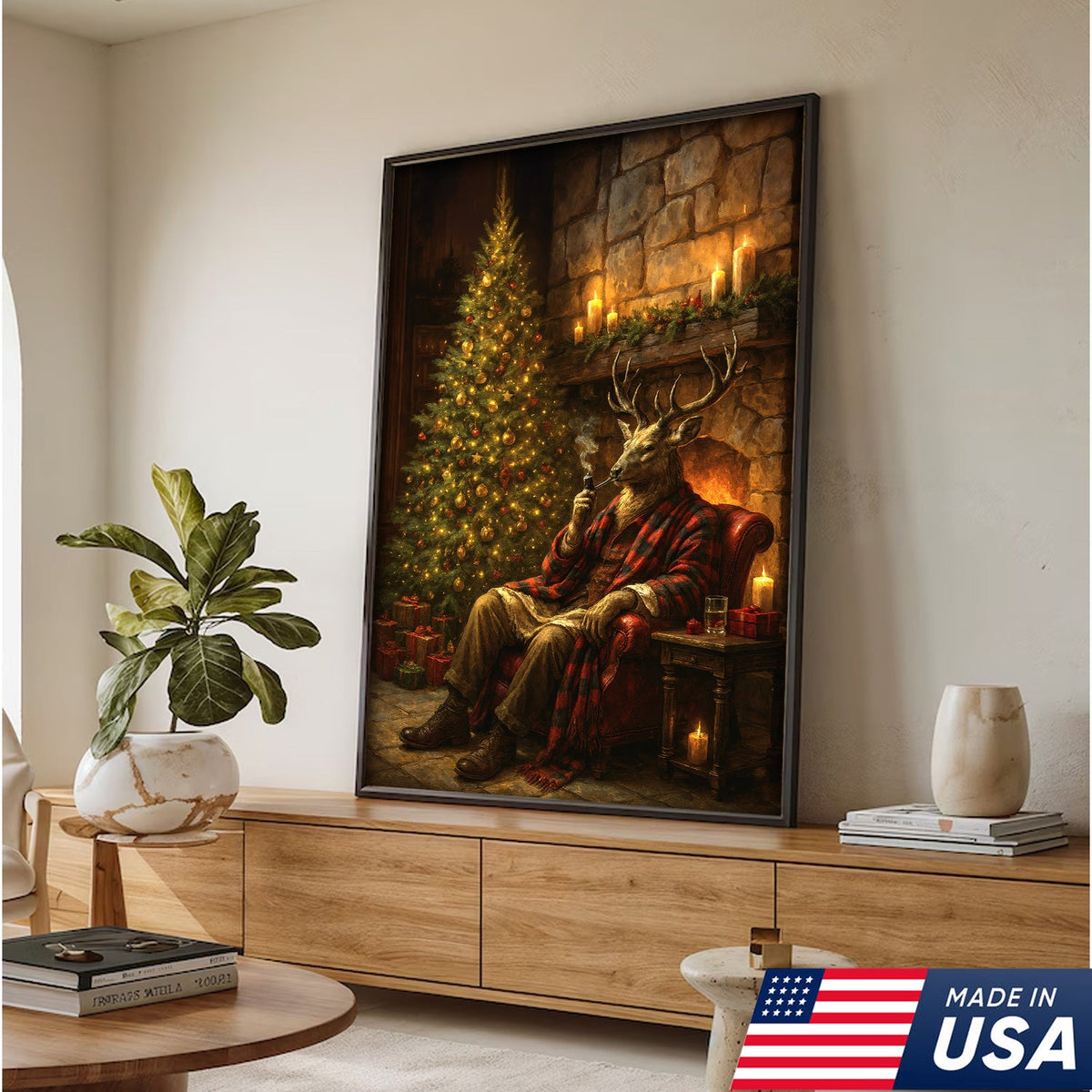 Christmas Deer Smoking Pipe Canvas - Cozy Cabin Wall Decor, Rustic Holiday Artwork