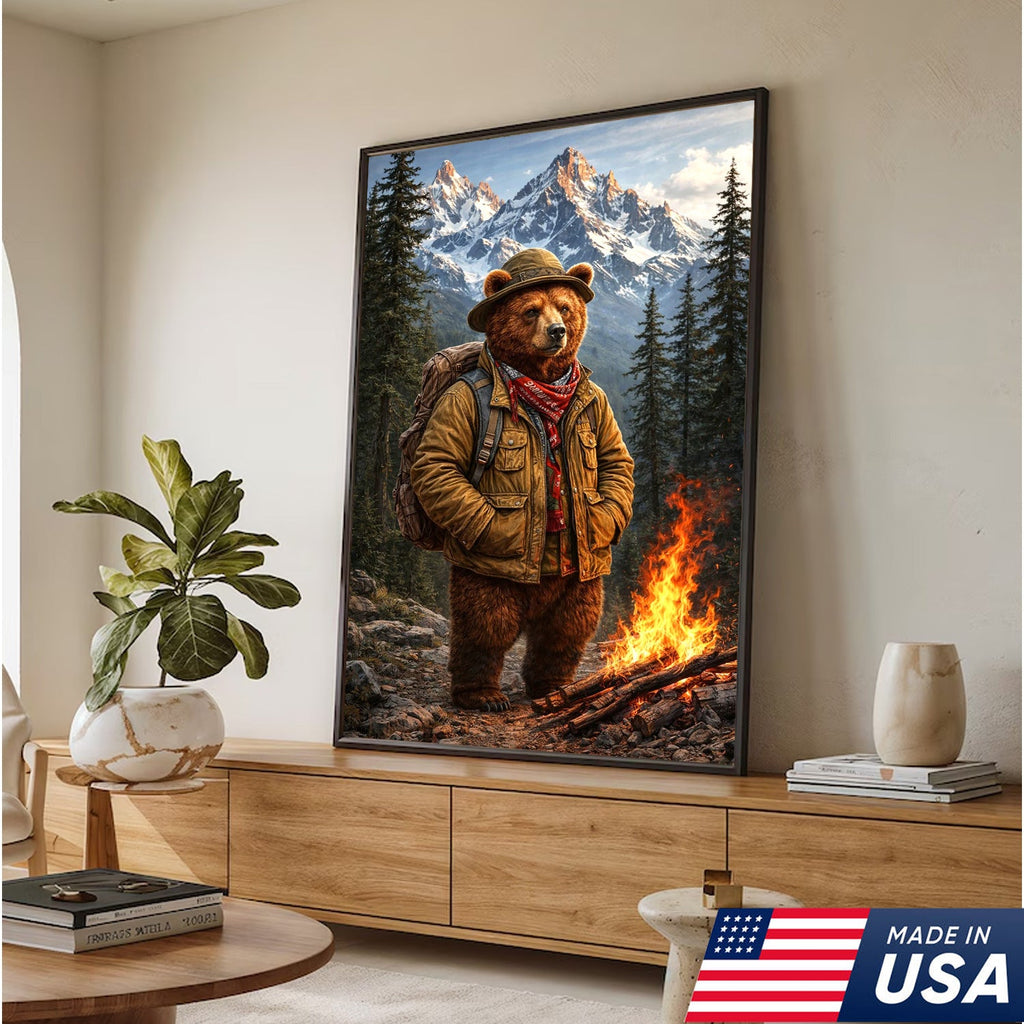 Mountain Explorer Bear Canvas Wall Art – Realistic Wildlife Hiking Print
