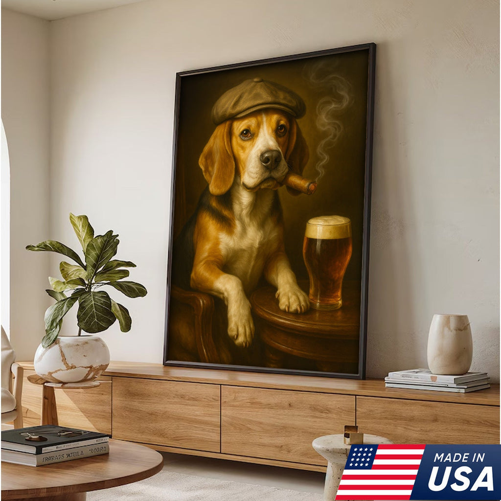 Beagle Dog Cigar Wall Art Canvas – Funny Beer Lover Wall Art for Rustic Bar & Man Cave
