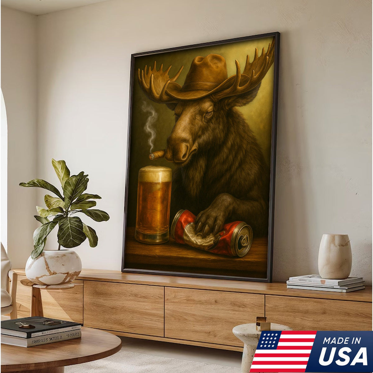 Rustic Cowboy Moose Beer Canvas – Funny Bar Wall Art Gift for Hunters, Cabin Decor & Man Caves