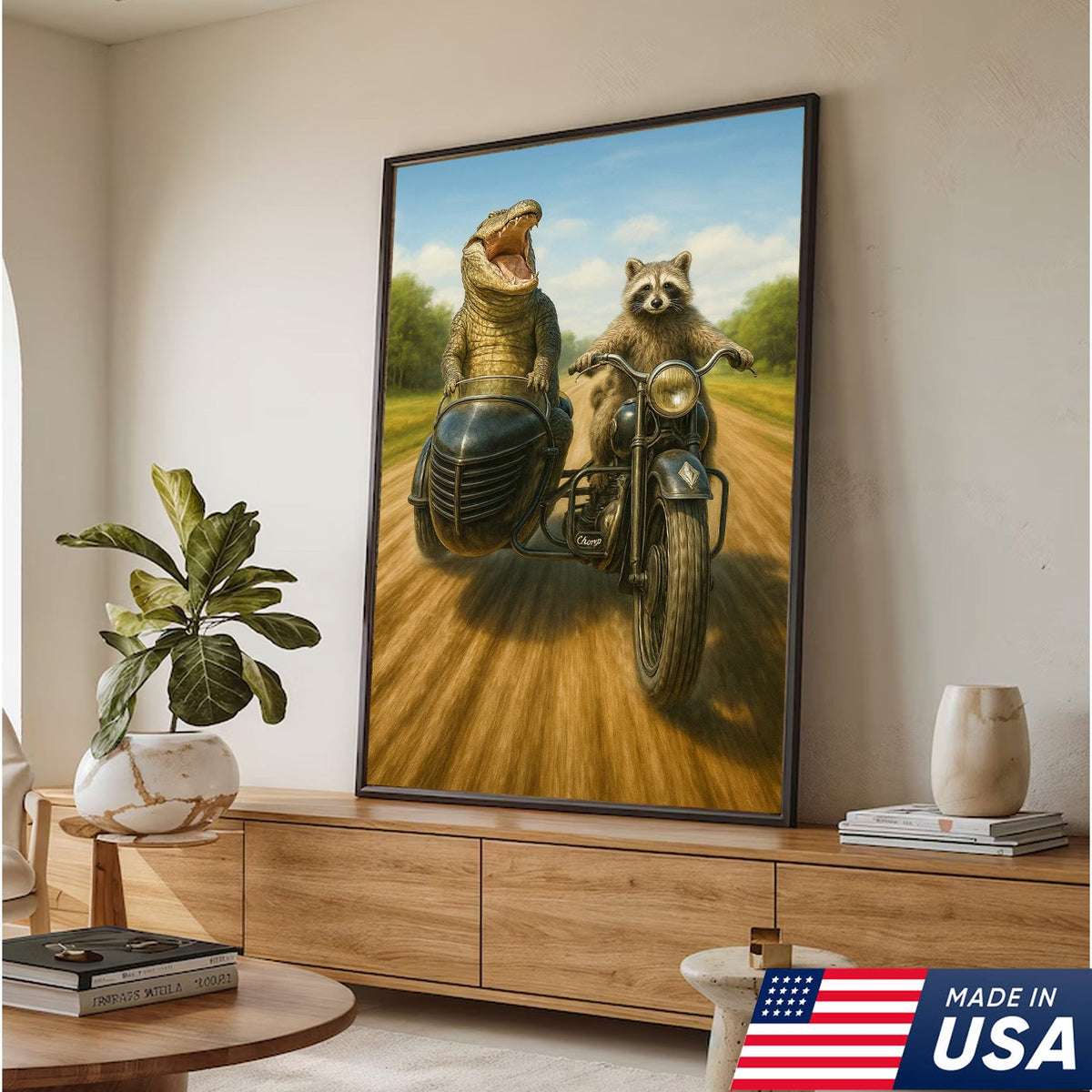 Raccoon Riding Motorcycle with Alligator Sidecar Canvas Wall Art, Funny Wildlife Road Trip Decor for Man Cave