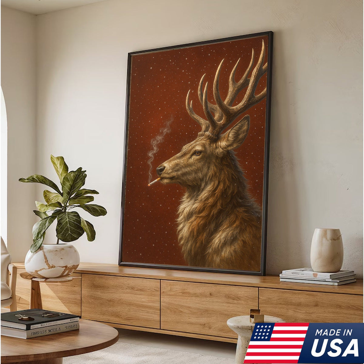 Smoking Deer Wall Art Canvas – Rustic Buck Canvas Print, Funny Christmas Cabin Decor