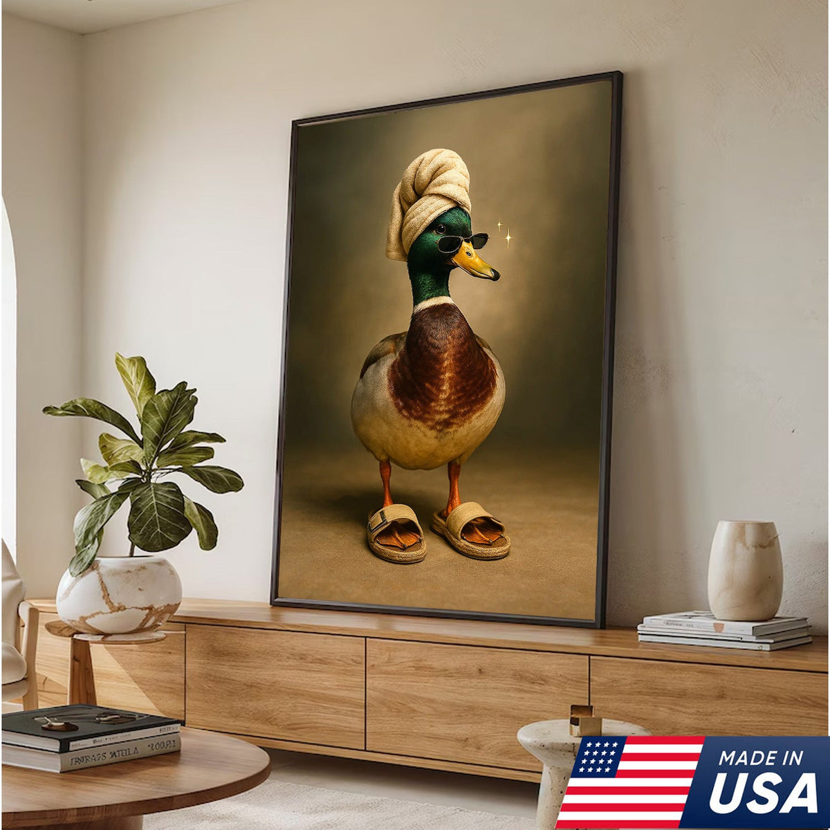 Spa Day Duck Canvas Wall Art, Funny Mallard in Towel and Sandals Bathroom Decor