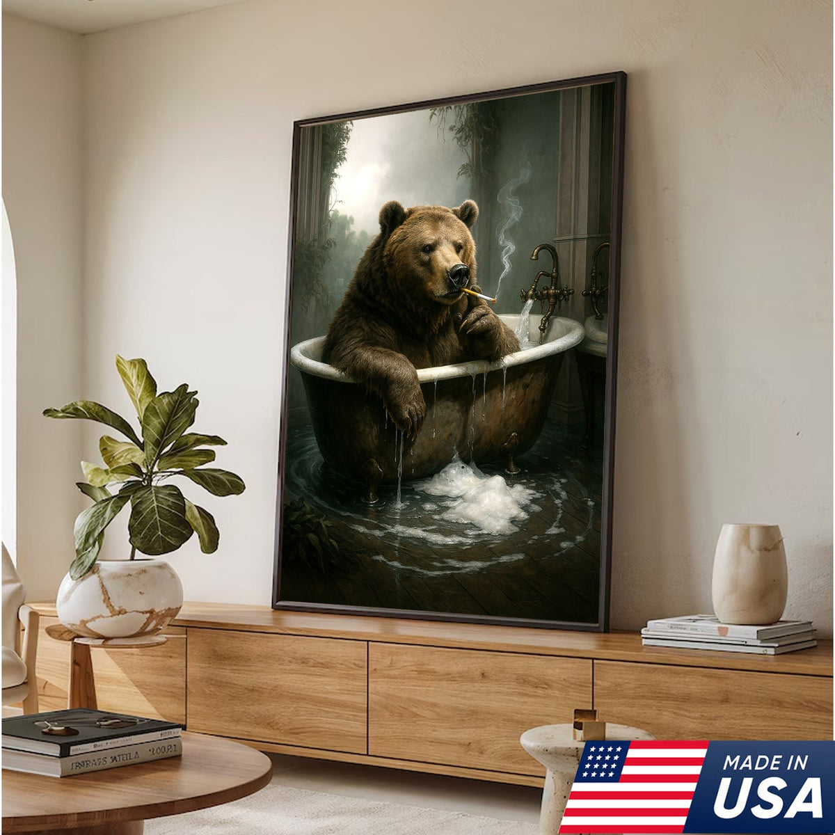 Smoking Bear in Bathtub Canvas – Surreal Rustic Wall Art for Man Cave & Lodge Decor