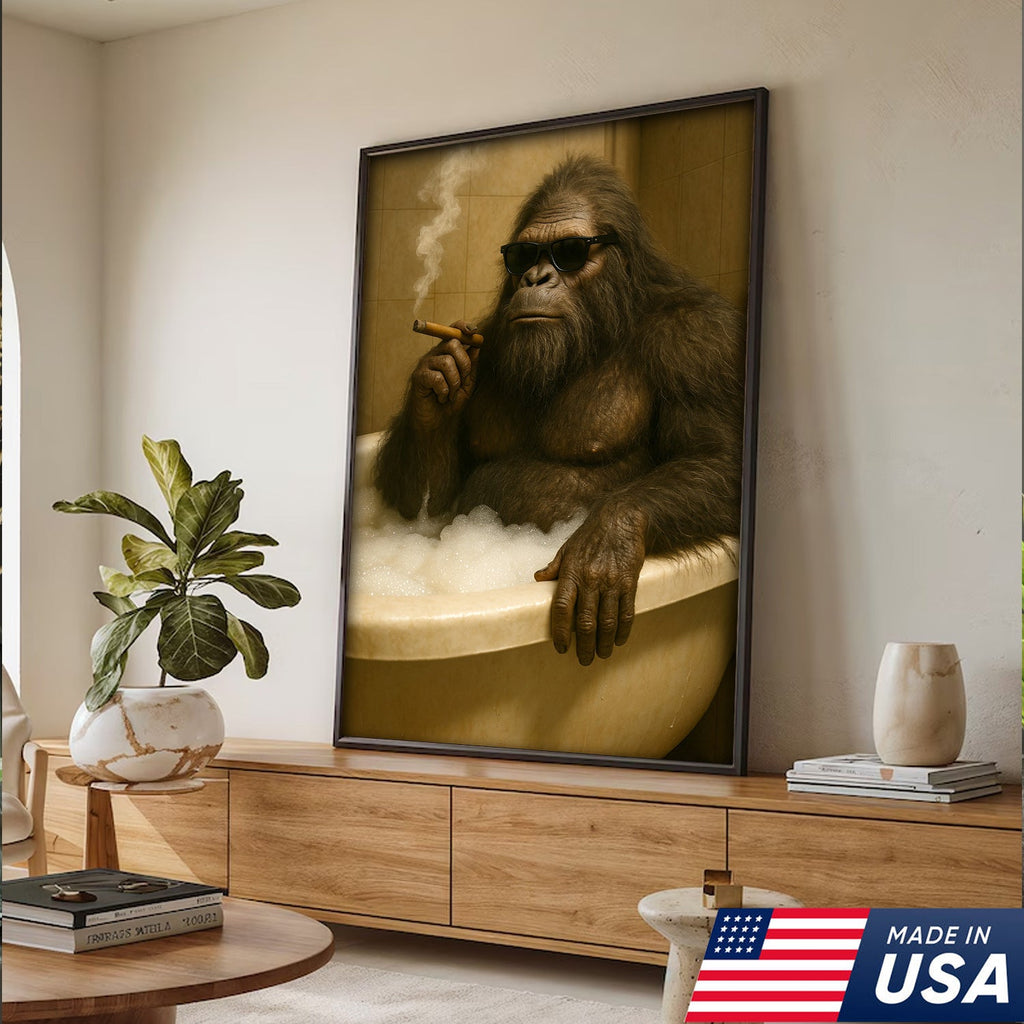 Funny Bigfoot Smoking Canvas Wall Art – Cool Bathtub Scene Gift for Hunters & Outdoorsmen
