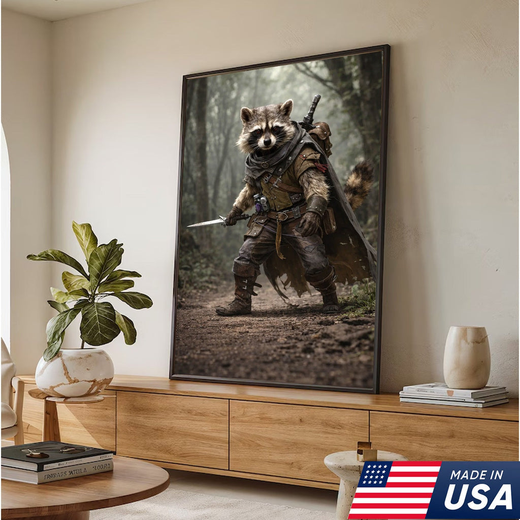 Epic Raccoon Warrior Wall Art Canvas Print, Fantasy Adventurer Animal Illustration
