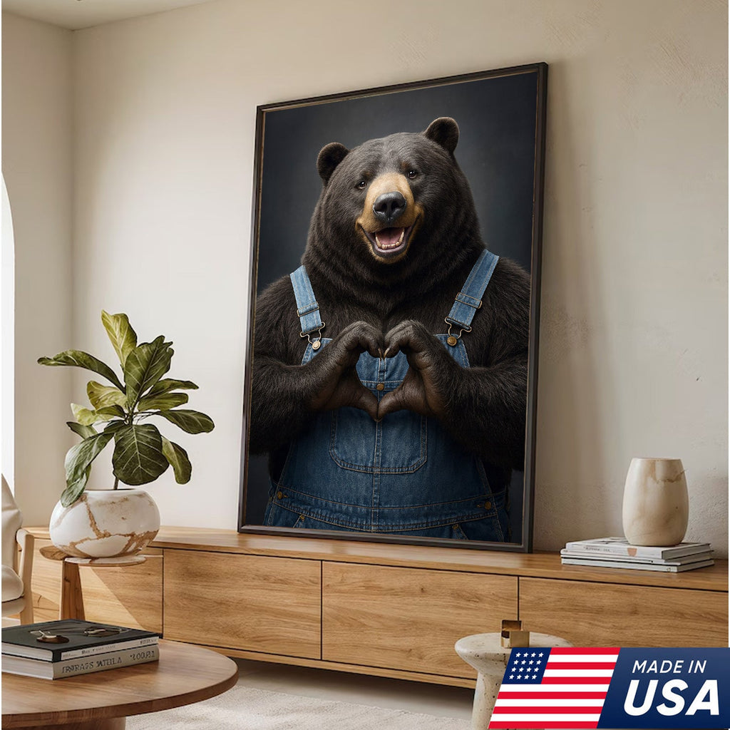Cute Bear Heart Hands Wall Art Canvas – Whimsical Animal Print for Cabin