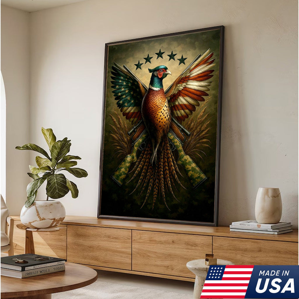 American Flag Pheasant Canvas Wall Art, Patriotic Hunting Decor for Men, Rustic Cabin Artwork